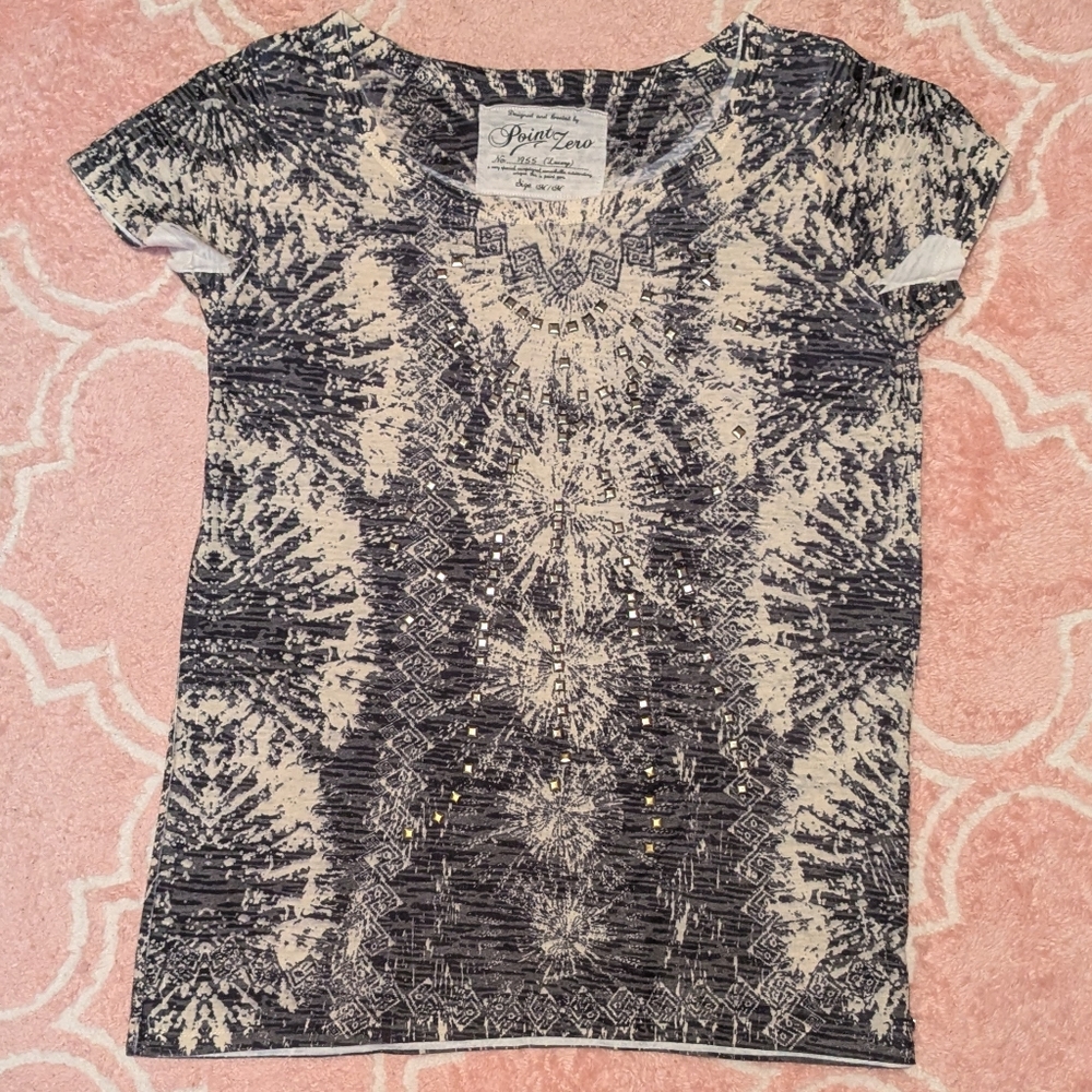 Point Zero Women's Black and Cream Patterned Short Sleeve Top With Studs Medium